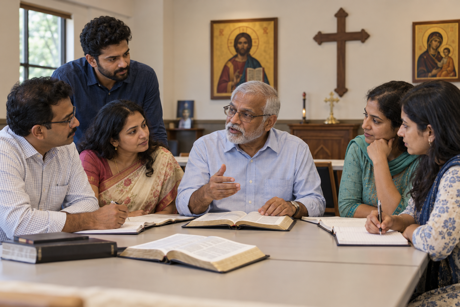 Illustration of Indian American adults studying Scripture with a lay teacher